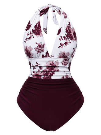 Weinrot 1940er Leaf Drucken Halfter Patchwork Badeanzug