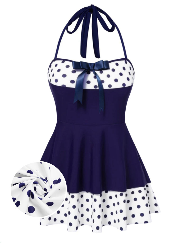 Blau 1940er Tupfen Patchwork Halfter Badekleid