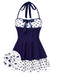 Blau 1940er Tupfen Patchwork Halfter Badekleid