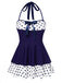 Blau 1940er Tupfen Patchwork Halfter Badekleid