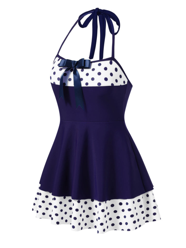 Blau 1940er Tupfen Patchwork Halfter Badekleid
