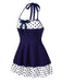 Blau 1940er Tupfen Patchwork Halfter Badekleid