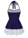 Blau 1940er Tupfen Patchwork Halfter Badekleid