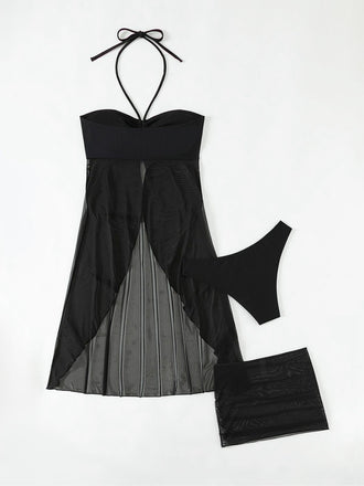 3PCS Schwarz 1950er Solide Halfter Tankini Set & Cover-Up