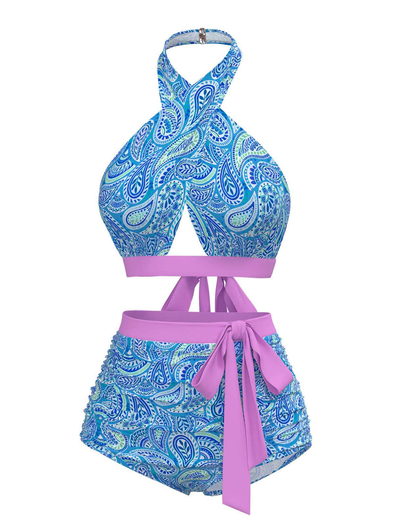 Violett 1970er Paisley Druck Kreuz-Halter Bademode