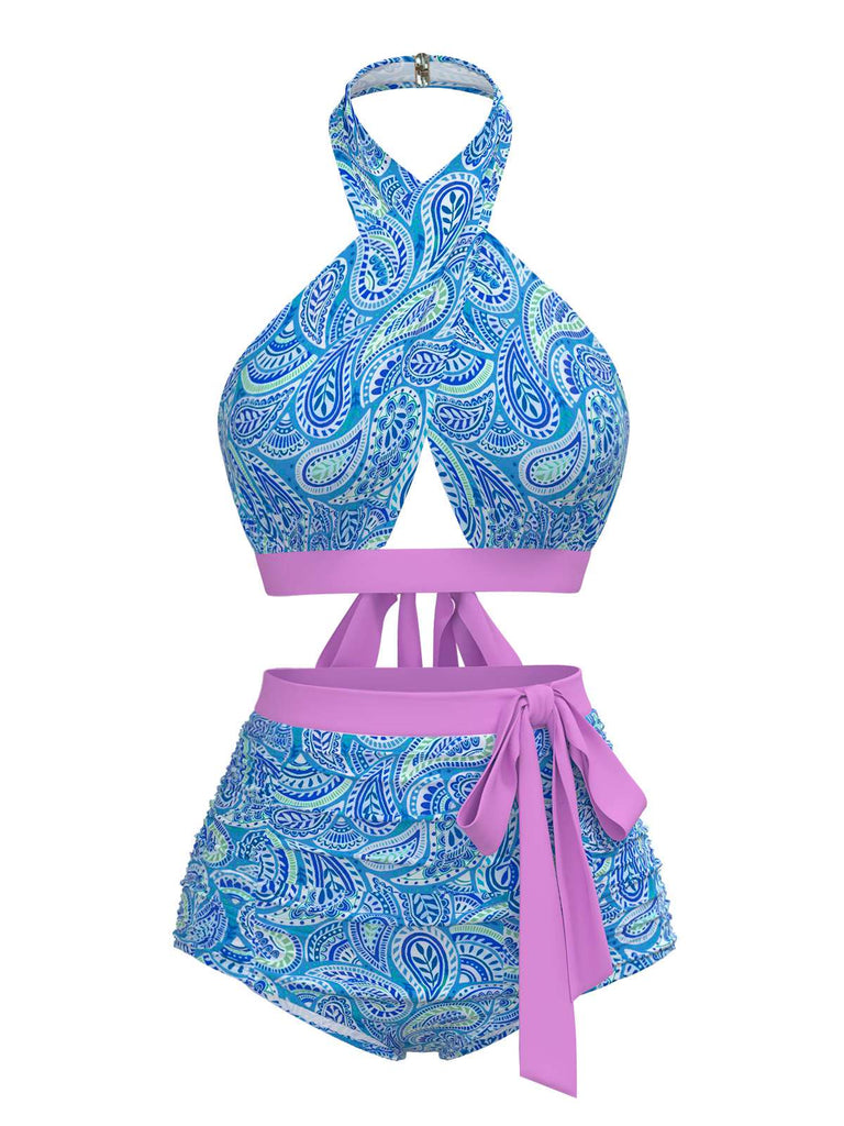 Violett 1970er Paisley Druck Kreuz-Halter Bademode
