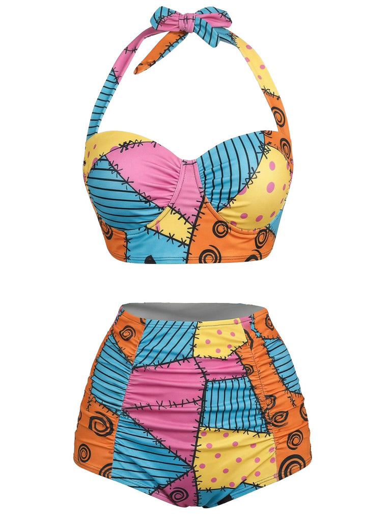 Schwarz 1950er Blumen Schnürung Halter Bademode