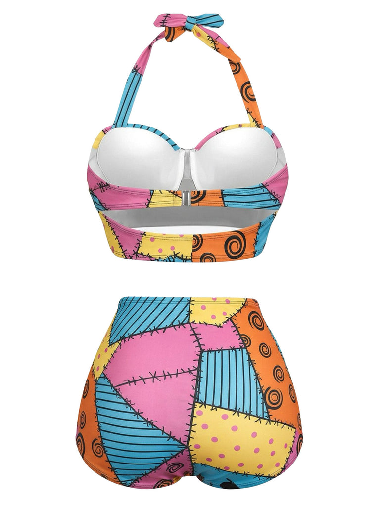 Schwarz 1950er Blumen Schnürung Halter Bademode