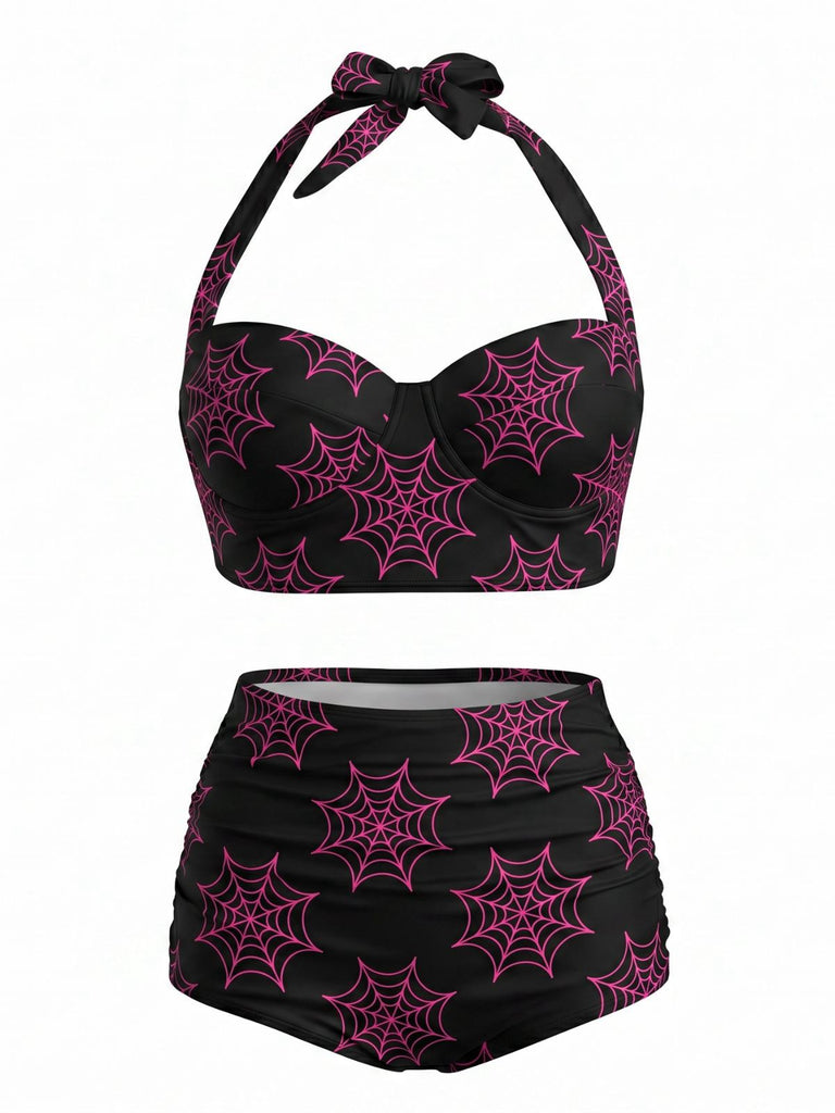 Schwarzes 50er Bikini-Set mit Spinnennetz und Neckholder