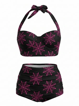 Schwarzes 50er Bikini-Set mit Spinnennetz und Neckholder
