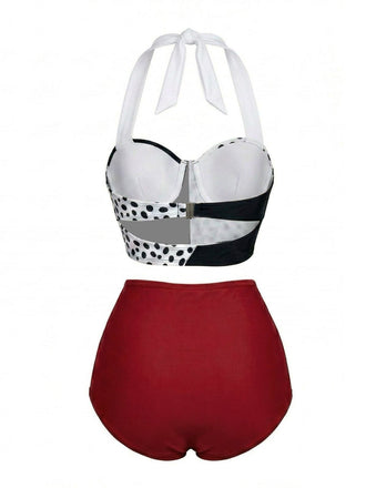 [Vorverkauf] 50er Badeanzug mit Neckholder, Schnürung und Cruella-Motiv in Rot