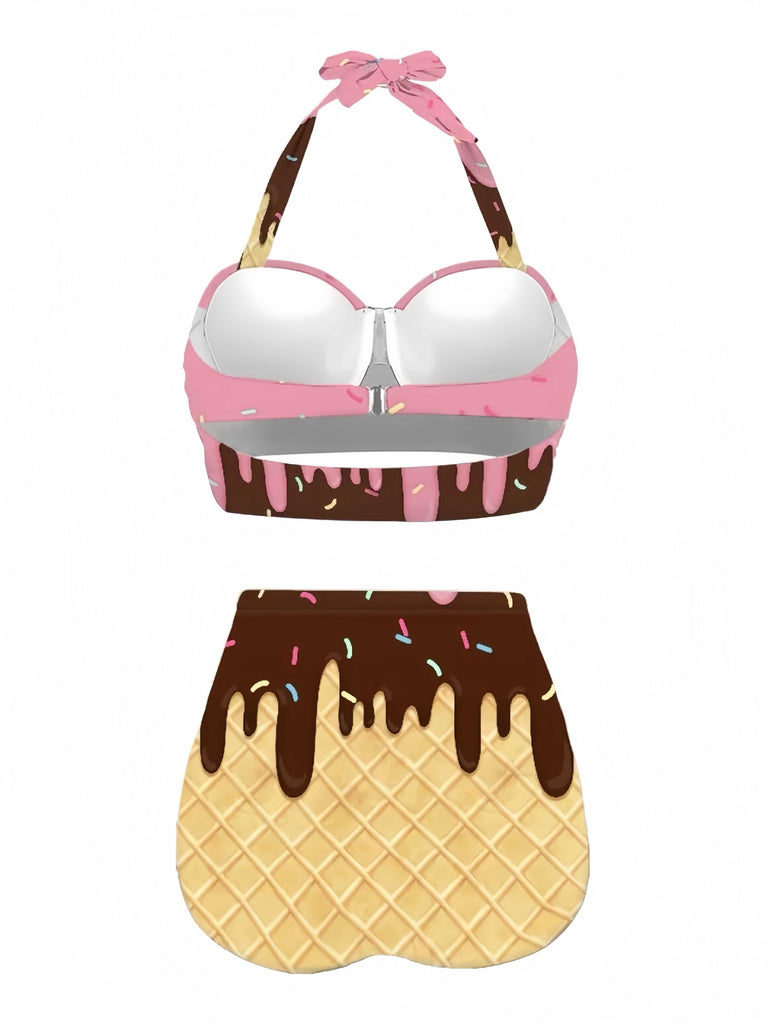Rosa 1970er Halter Eistüte High-Waist Bikini