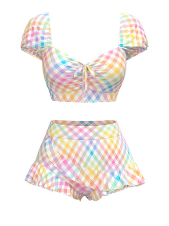 Mehrfarbig 1970er Puff Gingham Plaid Tankini Set