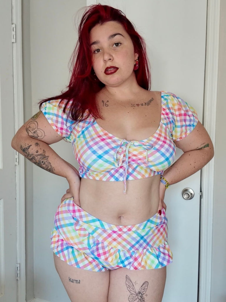 Mehrfarbig 1970er Puff Gingham Plaid Tankini Set