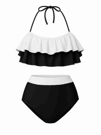 1940er Hohe Taille Farbblock Rüschen Halfter Tankini Set