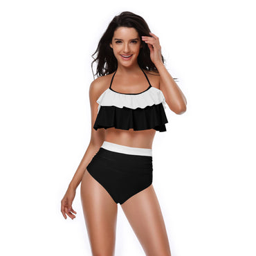 1940er Hohe Taille Farbblock Rüschen Halfter Tankini Set