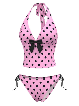 Rosa 1970er Halter Polka Dots Bogen Bikini Set
