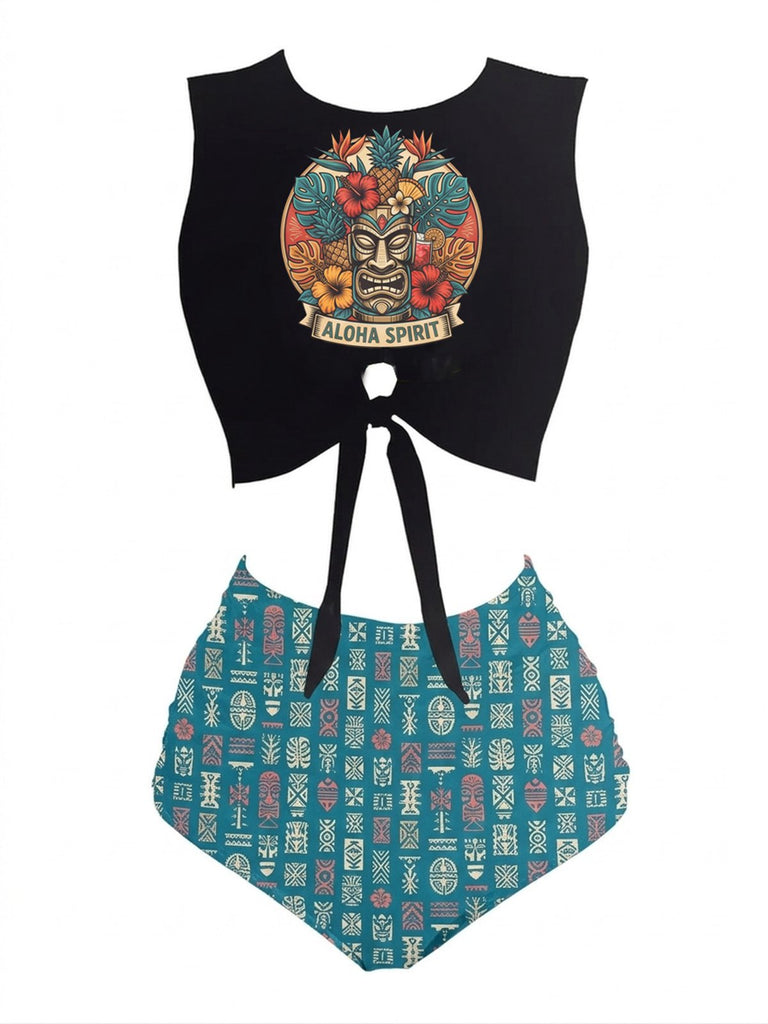 Türkis & Schwarz 1980er Punk Taillen Tie Skeleton Strand Bikini Set