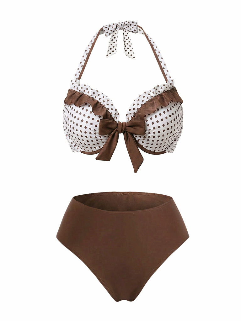 Braun 1970er Tupfen Rüschen Halter Bikini Set & Cover-Up