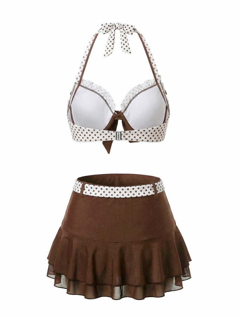 Braun 1970er Tupfen Rüschen Halter Bikini Set & Cover-Up