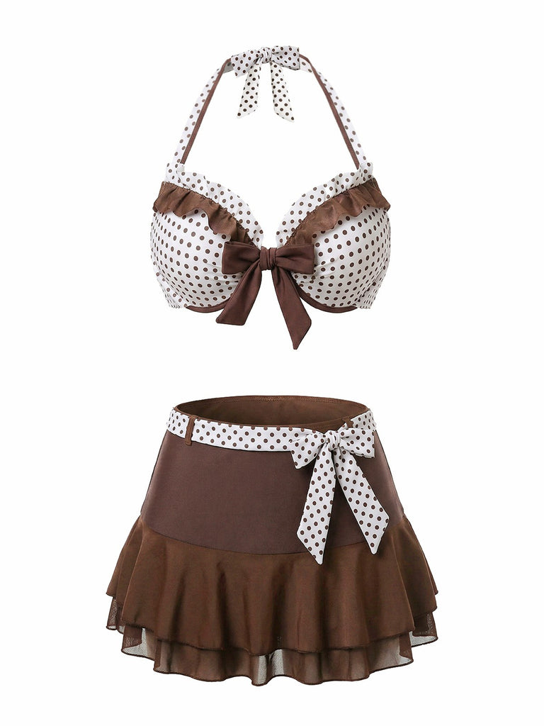 Braun 1970er Tupfen Rüschen Halter Bikini Set & Cover-Up