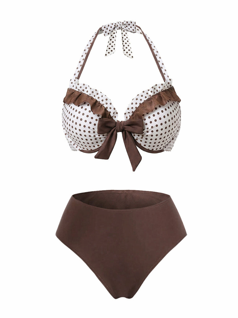 Braun 1970er Tupfen Rüschen Halter Bikini Set & Cover-Up