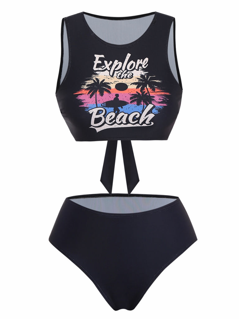 Schwarz 1950er Erkunde Den Strand Tankini Set