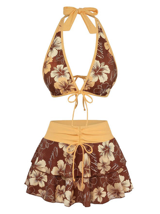 Braun 1960er Blumen Druck Bindefront Geschichtet Bikini Set