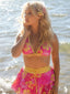 Rosa 1960er Blumen Druck Bindefront Geschichtet Bikini Set