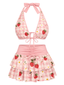 Rosa 1960er Erdbeere Blumen Muster Mehrlagig Bikini Set