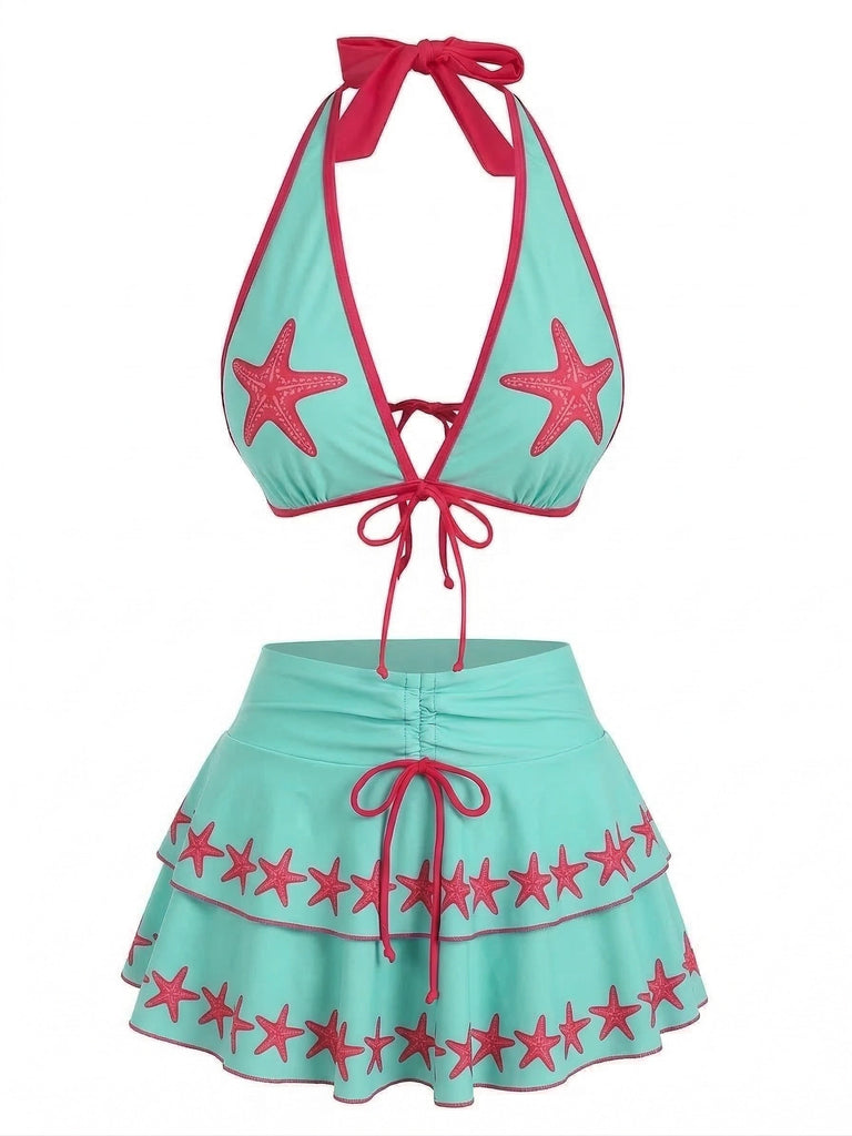 [Vorverkauf] Türkis 1960er Blumen Muster Mehrlagig Bikini Set
