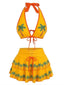 Orange 1960er Blumen Muster Mehrlagig Bikini Set