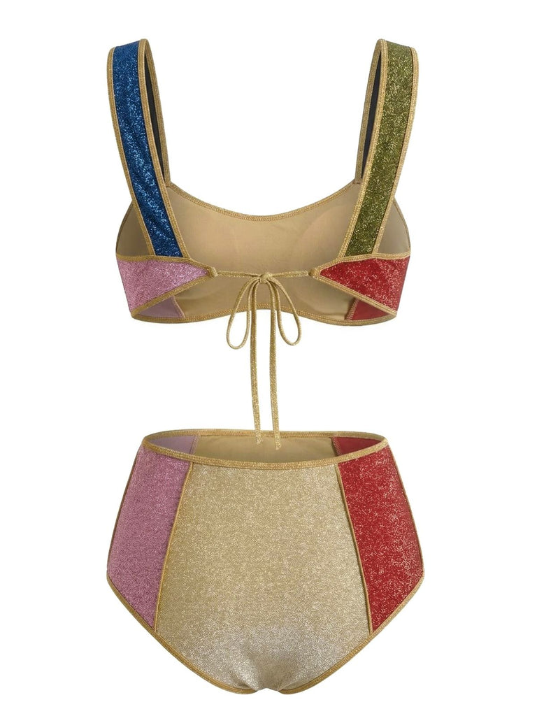 Mehrfarbiges Patchwork-Bikini-Set im Metallic-Stil der 1940er Jahre