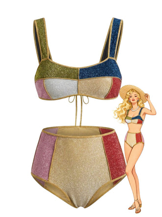 Mehrfarbiges Patchwork-Bikini-Set im Metallic-Stil der 1940er Jahre