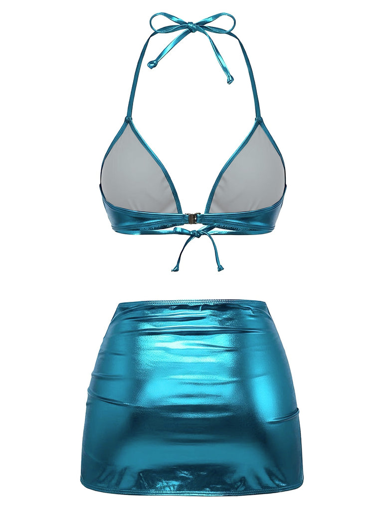 1970er Solide Halter Metallisch Bikini Set