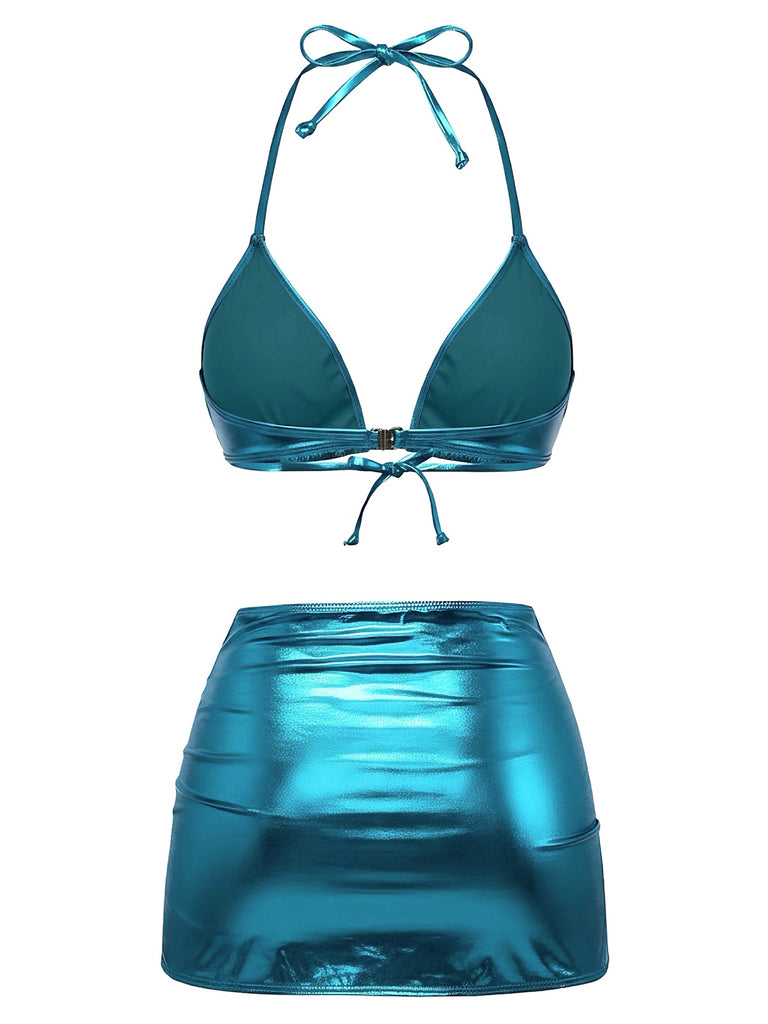 1970er Solide Halter Metallisch Bikini Set