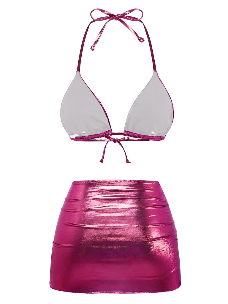 1970er Solide Halter Metallisch Bikini Set