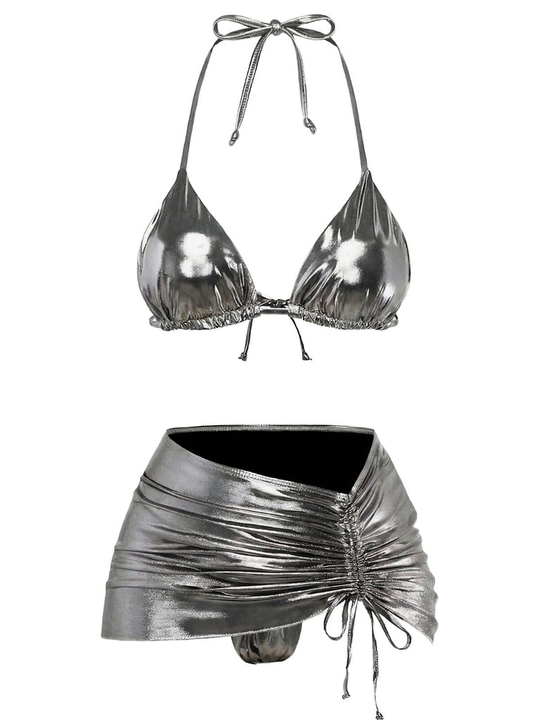 1970er Solide Halter Metallisch Bikini Set