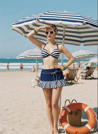 [Vorverkauf] Marineblau 1940er Streifen Bikini Set