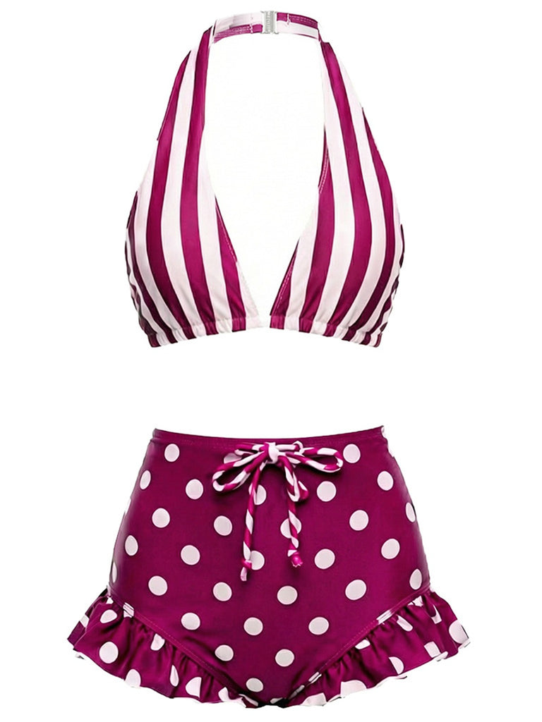 Rot 1940er Streifen Halter Polka Punkte Rüschen Bikini Set