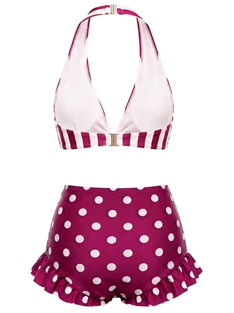 Rot 1940er Streifen Halter Polka Punkte Rüschen Bikini Set