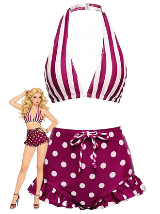 Rot 1940er Streifen Halter Polka Punkte Rüschen Bikini Set