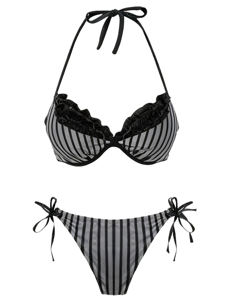 [Vorverkauf] Grau 1960er Streifen Netz Halter Bogen Bikini Set