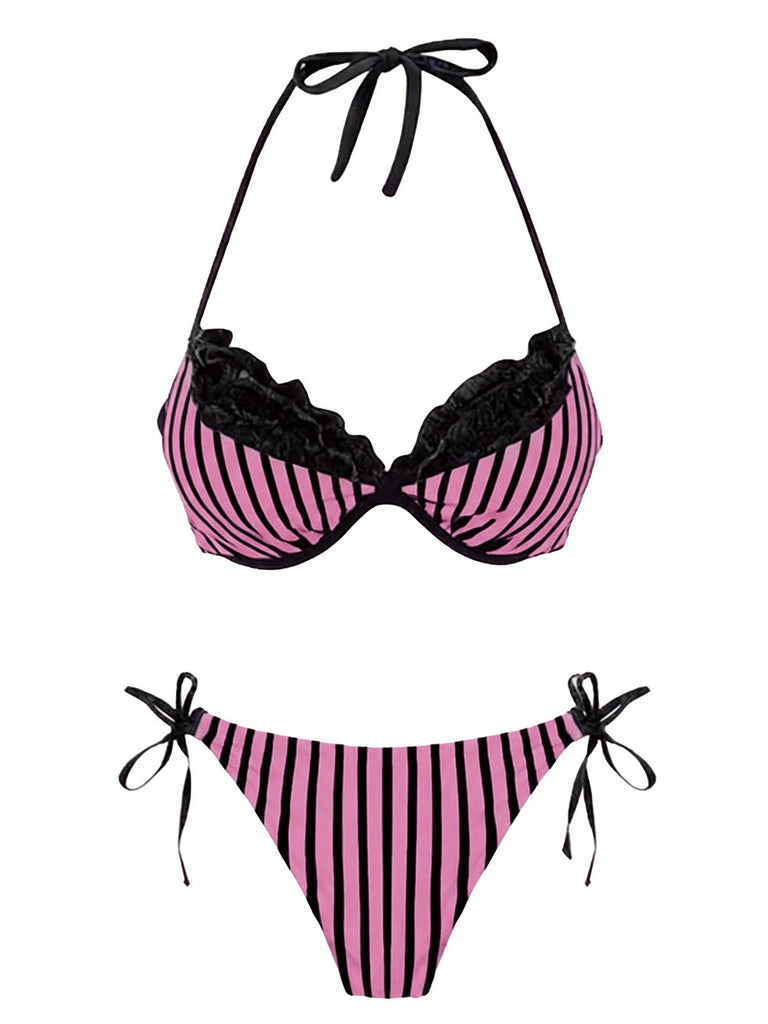 [Vorverkauf] Grünes 60er Gestreiftes Bikini-Set mit Netz und Neckholder