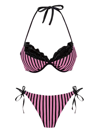 2PCS Rosa 1960er Streifen Bikini Set & Gestuft Cover-Up