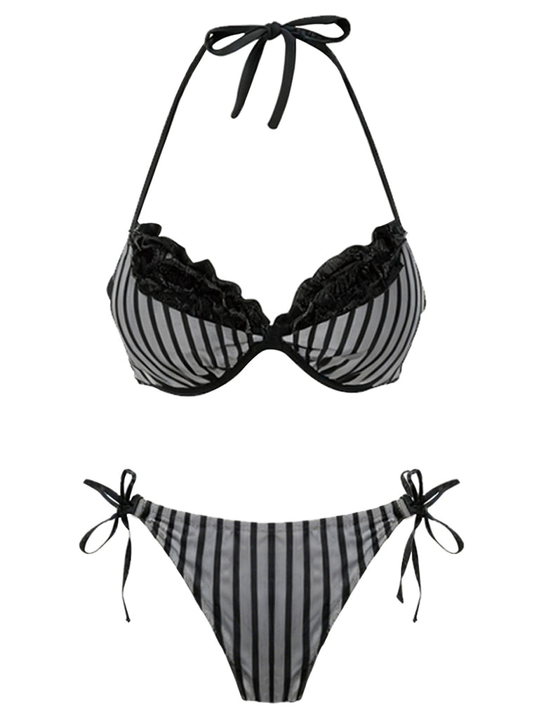 [Vorverkauf] Grünes 60er Gestreiftes Bikini-Set mit Netz und Neckholder