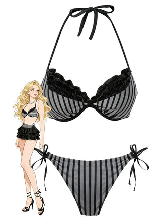 [Vorverkauf] Grünes 60er Gestreiftes Bikini-Set mit Netz und Neckholder