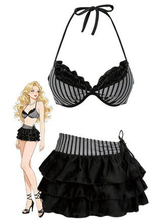 [Vorverkauf] 2PCS Grau 1960er Streifen Bikini Set & Gestuft Cover-Up