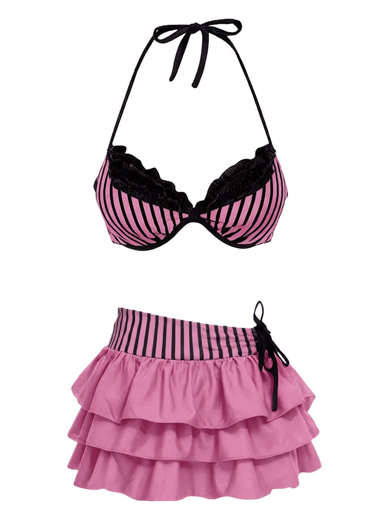 2PCS Grau 1960er Streifen Bikini Set & Gestuft Cover-Up