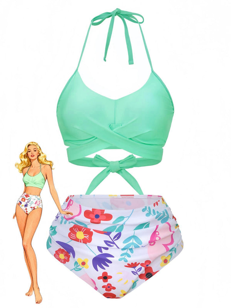 Mintgrün 1940er Blumen Hohe Taille Bikini Set